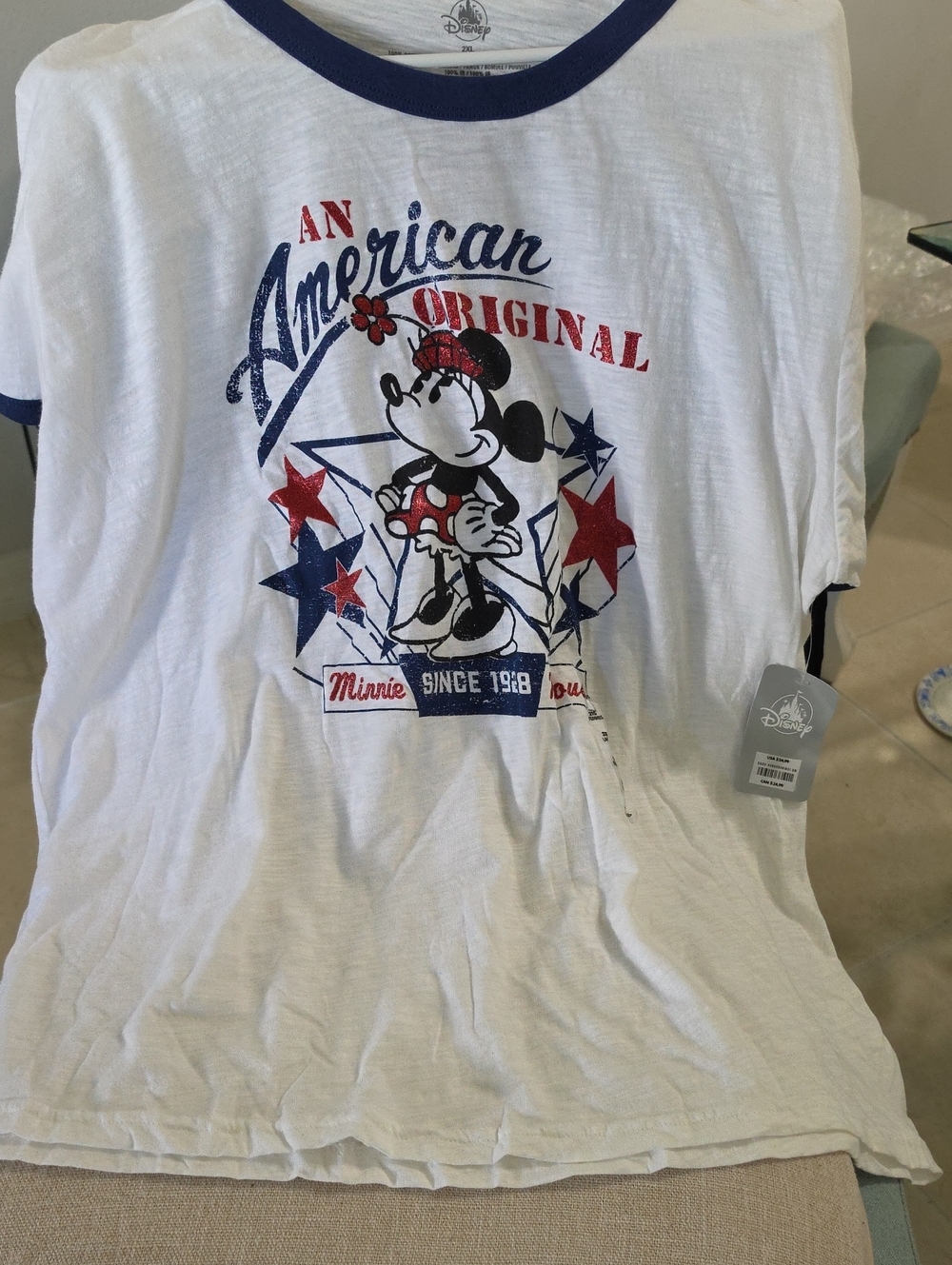 Disney White Tee with Navy Trim and Red & Navy Minnie Graphic
